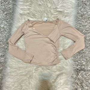 Beige Long Sleeve Off-Shoulder Top